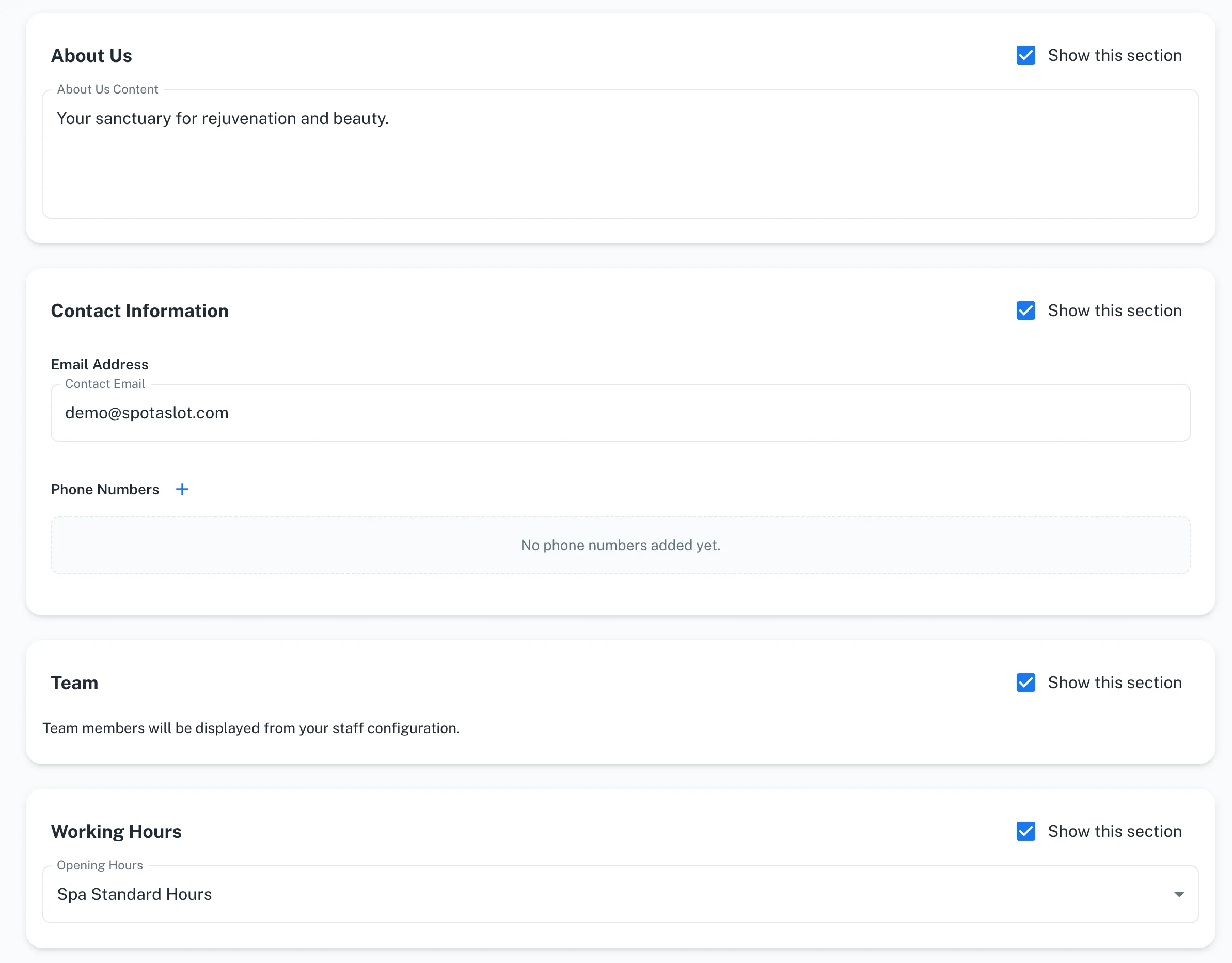 View of SpotASlot's Business Settings with Landing Page Type selection